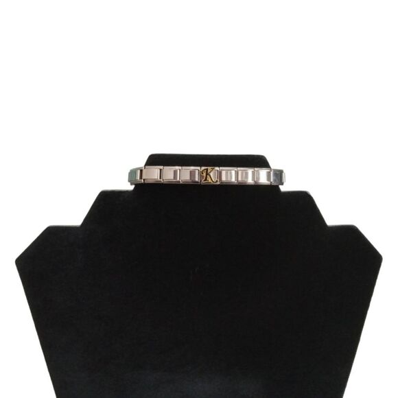 Vintage Silver Toned Composable Stainless Steel Metal Elastic K Charm Bracelet - Picture 1 of 12